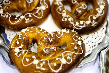 Delicious homemade pretzels in box top view