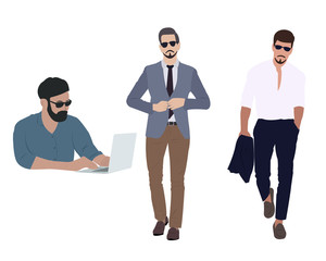 lifestyle flat vector illustrations set. Young men, cartoon characters pack. working,traveling,meeting,outing
