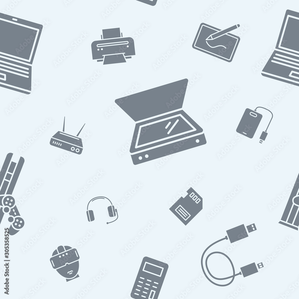 Fototapete Electronic devices background - Vector seamless pattern solid silhouettes of technique and computer for graphic design