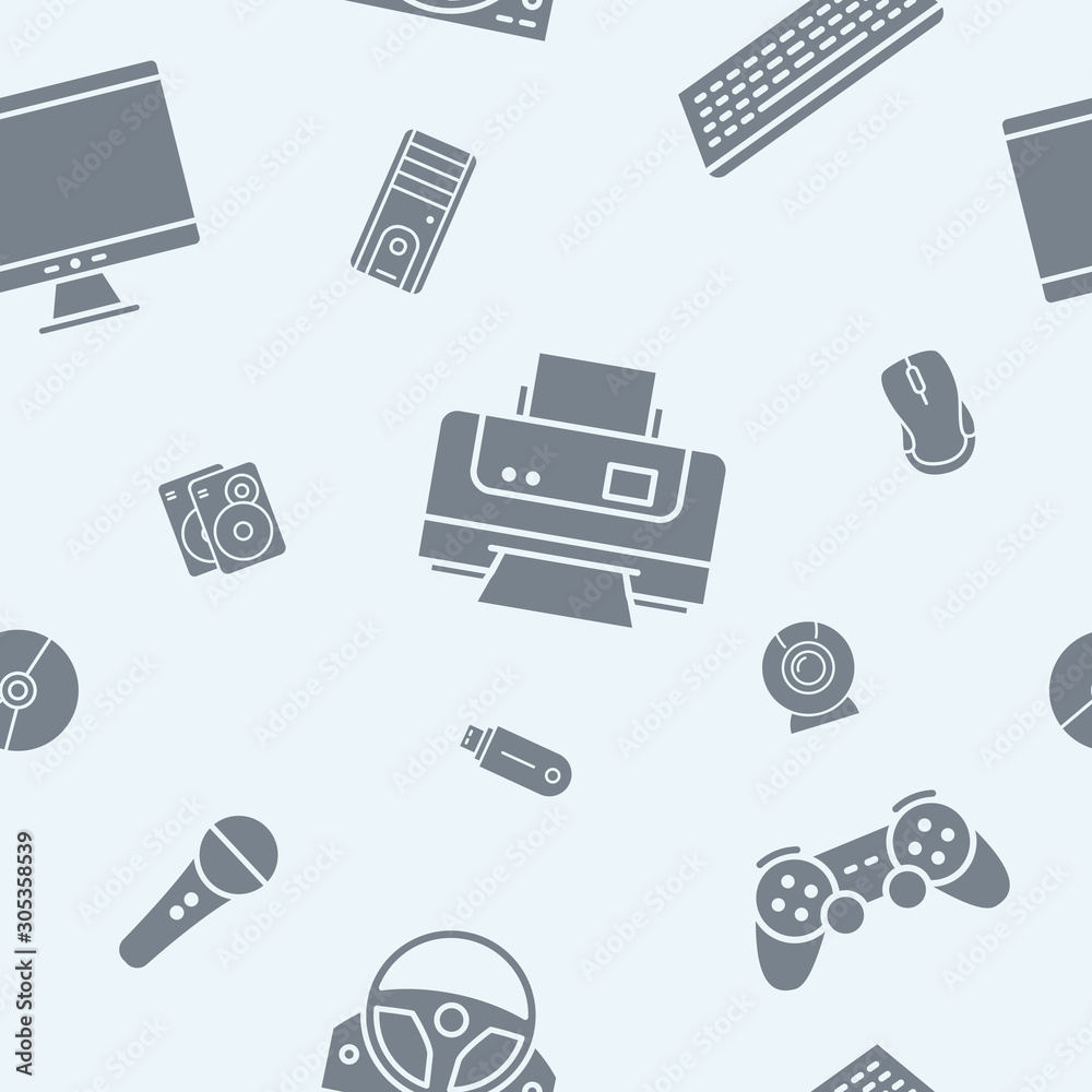 Fototapete Electronic devices background - Vector seamless pattern solid silhouettes of technique and computer for graphic design