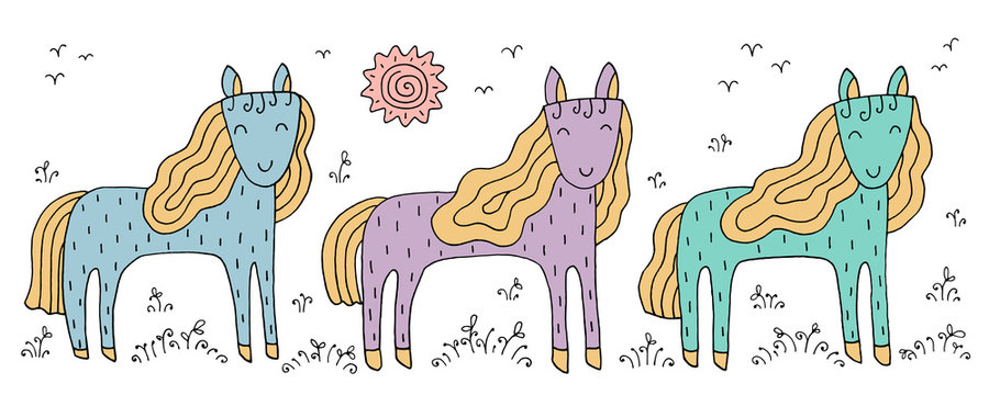 The drawing - funny horses and hand drawn elements.