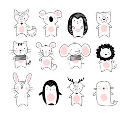 Kids doodle poster with cute animals. A collection of animals in a modern Scandinavian Nordic style. Black and white line drawing of wild animals and pets. Fox, koala, hedgehog, bear, cat, mouse