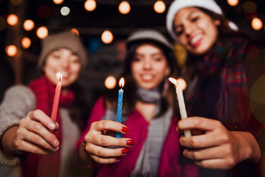 Posada Mexicana, Mexican Girls With Candles Celebrating Christmas In Mexico