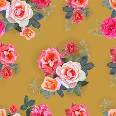 Roses bouquet with leaves  seamless pattern - vector illustration