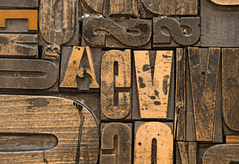 Arrangement of assorted old wooden letterpress printing block letters.