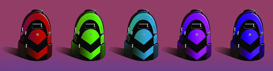 Set of isolated vector backpacks in different colors. Red, green, blue, purple, pink colors. Designs of bags, objects for back to school