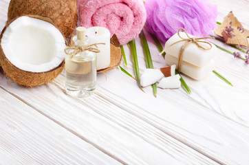 Body care Coconut oil soap and candle set on white table