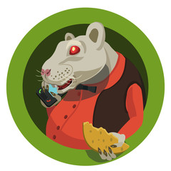 Year 2020 on Chinese horoscope white rat, she ringing on the telephone in red shirt with butterfly she has slice of cheese and congratulates all holiday!