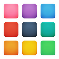 Colorful square buttons set. Vector assets for web or game design, app buttons, icons template isolated on white background.