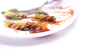 Dirty plate on the table. Tomato sauce smeared on a plate. empty plate, dirty after the meal is finished. Dirty dishes sauce smeared. Empty dish