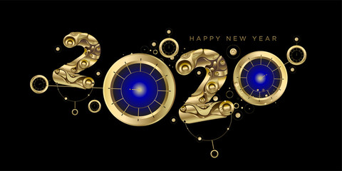 Happy New Year 2020 - New Year Shining Black background with golden clock and sparkling elements.