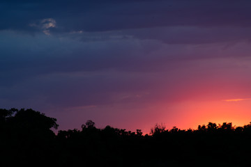 Silhouette images , multi-colored sky and telephone poles.