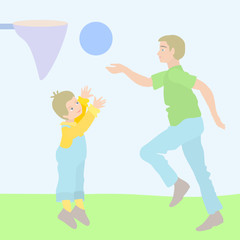Obraz na płótnie Canvas Dad with little son play basketball in the summer on the lawn, color vector flat illustration