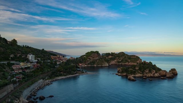 TImelapse view of Isola Bella in Taormina (Sicily) at sunset