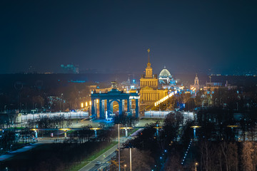 MOSCOW, RUSSIA - November 18, 2019: Night panorama of the Exhibition of Achievements of the National Economy VDNH is a permanent general-purpose exhibition in Moscow, Russia Selected focus