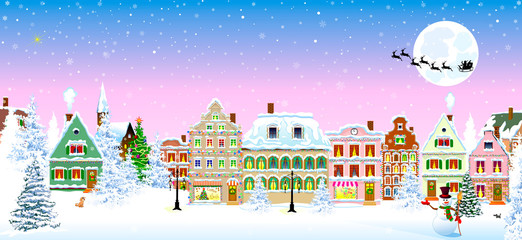 Houses snow snowflake winter night Christmas. Houses, city, church, trees. Winter city landscape. Christmas Eve night. Snowflakes in the night sky. Silhouette of Santa Claus on a sleigh with deers on 