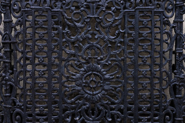 Details, structure and ornaments of wrought iron fence with gate