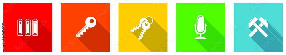 Poster Set of colorful web flat design vector icons, key, access, microphone, electricity and mine buttons in eps 10 for webdesign and mobile applications on white background