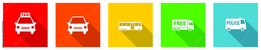 Aufkleber set of colorful web flat design vector icons, transport, bus, truck, car and vehicle buttons in eps 