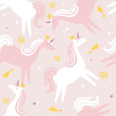 Horses - unicorns, hand drawn backdrop. Colorful seamless pattern with animals. Decorative cute wallpaper, good for printing. Overlapping background vector. Design illustration - 305365112