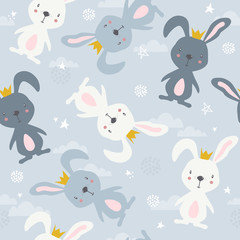 Bunnies and stars hand drawn backdrop. Colorful seamless pattern with animals, sky. Decorative cute wallpaper, good for printing. Overlapping background vector. Design illustration, rabbits