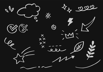 Hand drawn set elements. Arrow, heart, love, speech bubble, star, leaf, sun,light,check marks ,crown, king, queen,Swishes, swoops, emphasis ,swirl, heart, for concept design.