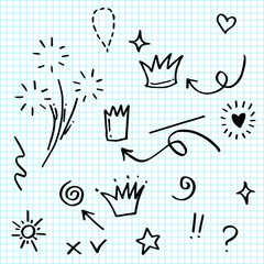 Hand drawn set elements on paper . Arrow, heart, love, speech bubble, star, leaf, sun,light,check marks ,crown, king, queen,Swishes, swoops, emphasis ,swirl, heart, for concept design.