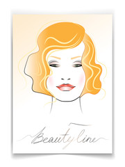 postcard with the image of a beautiful girl with a hairstyle in retro style, for decoration of cosmetic products and more