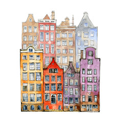 Obraz premium Watercolor sketch or illustration of a beautiful view of traditional residential buildings or urban architecture in Amsterdam in the Netherlands