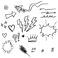 Hand drawn set elements, black on white background. Arrow, heart, love, star, leaf, sun, light, crown, king, queen, swirl, for concept design.