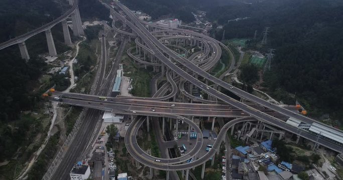 aerial view of buildings and highway interchange in dawn in Guiyang, China
