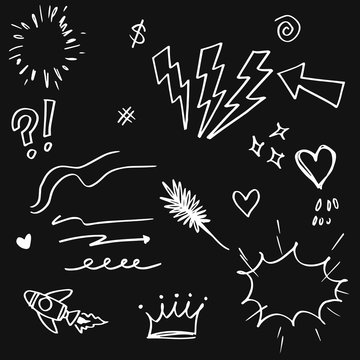 Doodle set elements, white on black background. Arrow, heart, love, star, leaf, sun, light, crown, king, queen, swirl, for concept design.