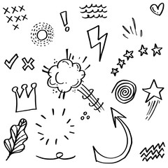 Hand drawn set elements, black on white background. Arrow, heart, love, star, leaf, sun, light, crown, king, queen, emphasis ,swirl, speech bubbles, comics, for concept design.