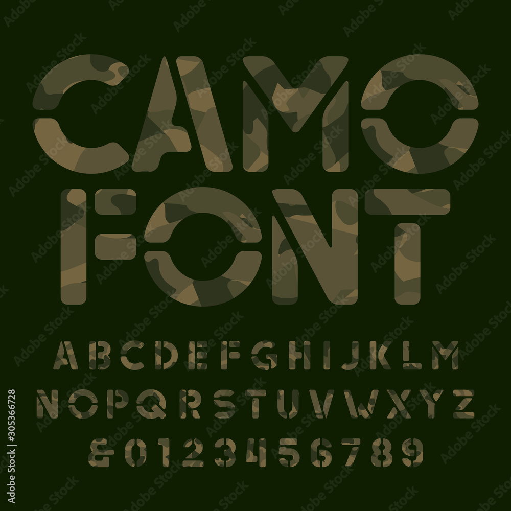 Fototapete camo alphabet font. stencil camouflage letters and numbers on a dark background. vector typescript f