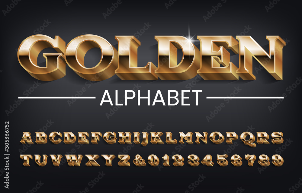Fototapete golden alphabet font. 3d serif letters and numbers with shadow on dark background. stock vector type