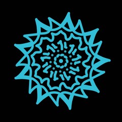 Mandala blue color sun art isolated on black background. Chakra symbol for yoga and meditation. Idea for interior design, religion, tattoo print, motif, App, Postcards, Packaging, Items and Material