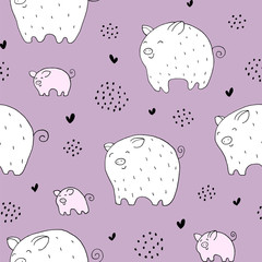 Seamless texture with funny pigs and hand drawn elements.