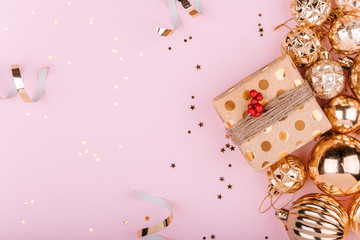 Bright Christmas pink background with gold decorations