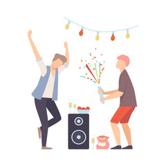 Fototapeta premium Men On Party Dancing And Exploding Firecracker Vector Illustration Cartoon Character