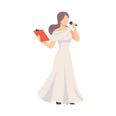 Girl In Long White Dress With Tablet Using Microphone To Talk Or Sing Vector Illustration Isolated On White Background