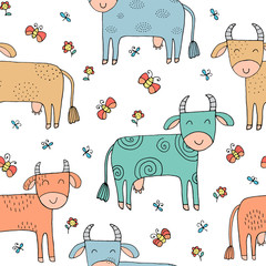 Seamless texture with funny cows and hand drawn elements.