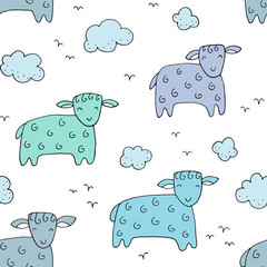 Seamless texture with funny sheep, lambs and hand drawn elements.