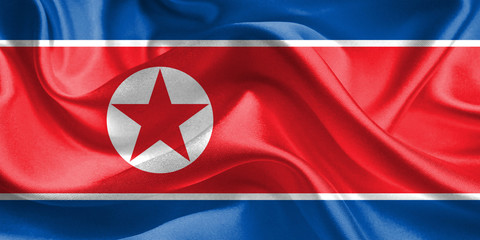 North Korea Flag. Waving Rippled Flags. 3D Realistic Background Illustration in Silk Fabric Texture