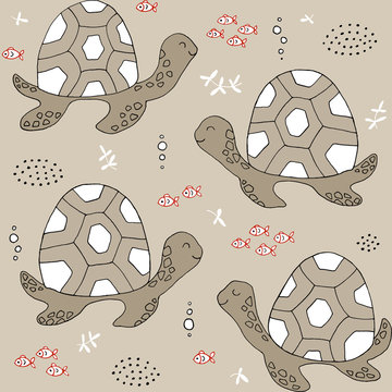Seamless texture with sea turtle, fish and hand drawn elements.