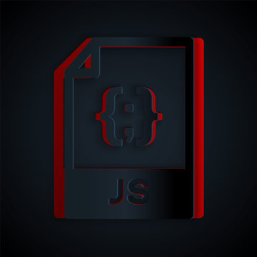 Paper cut JS file document. Download js button icon isolated on black background. JS file symbol. Paper art style. Vector Illustration
