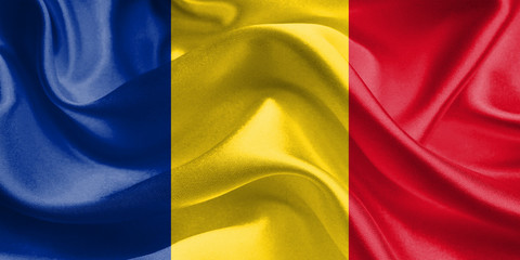 Romania Flag. Waving Rippled Flags. 3D Realistic Background Illustration in Silk Fabric Texture