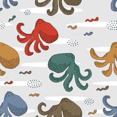 Naklejka premium Seamless texture with octopuses and hand drawn elements.