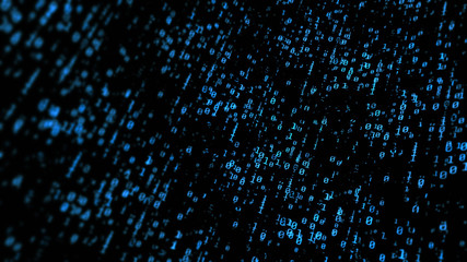 3D Rendering of blur binary data background in blue color tone. Depth of field effect applied. Concept for big data, deep machine learning, artificial intelligence