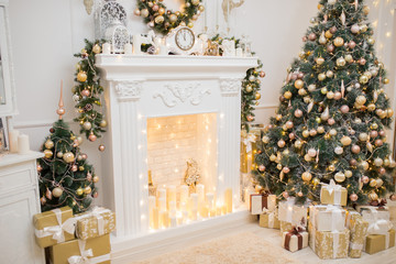 Christmas background with new year tree, fireplace area and different gift boxes, holiday background