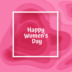Greeting card happy Womens day with pink paper cut style background. Vector illustration